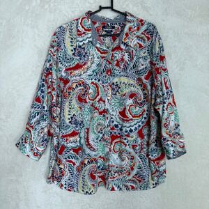 Chaps Womens 3X Paisley No Iron Button Down Shirt Red Blue 3/4 Sleeve Cotton